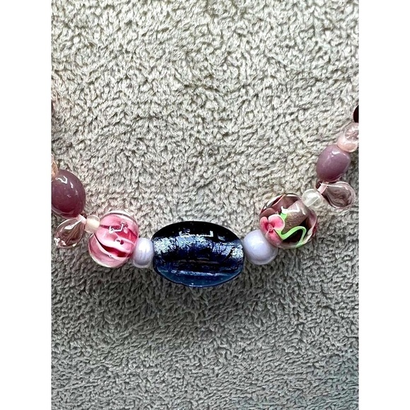 Handcrafted Murano Glass Bead Necklace With Pink & Blue Accents.  A28 - Picture 3 of 9